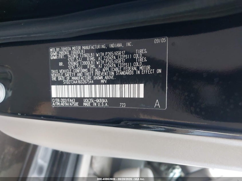 TOYOTA SEQUOIA 2006 VIN 5TDZT34A16S267544