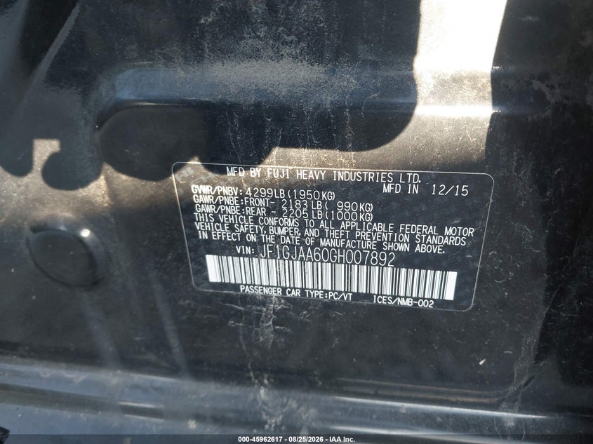 SUBARU IMPREZA 2016 VIN JF1GJAA60GH007892