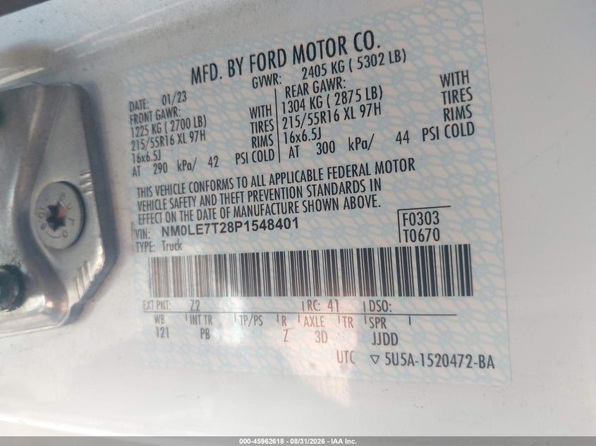 FORD TRANSIT CONNECT 2023 VIN NM0LE7T28P1548401