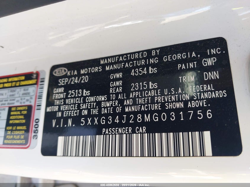 KIA K5 2021 VIN 5XXG34J28MG031756