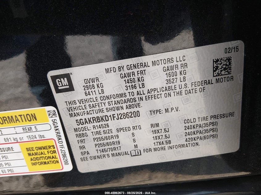 BUICK ENCLAVE 2015 VIN 5GAKRBKD1FJ286200