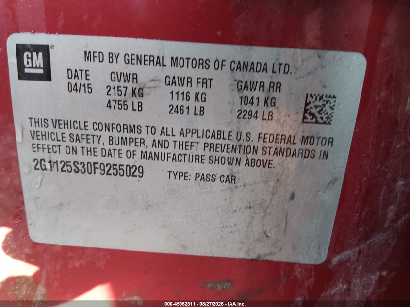 CHEVROLET IMPALA 2015 VIN 2G1125S30F9255029