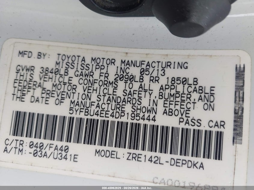 TOYOTA COROLLA 2013 VIN 5YFBU4EE4DP195444