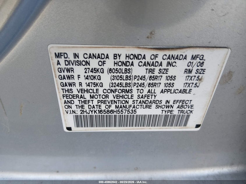 HONDA RIDGELINE 2006 VIN 2HJYK16586H557535