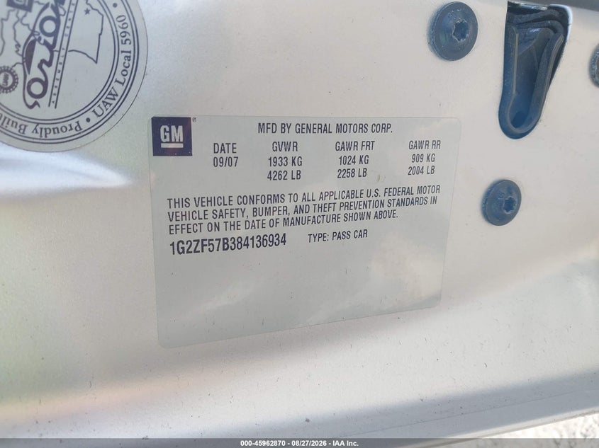 PONTIAC G6 2008 VIN 1G2ZF57B384136934