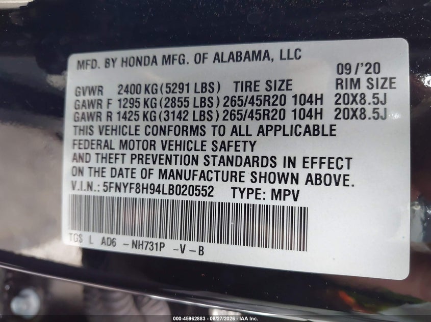 HONDA PASSPORT 2020 VIN 5FNYF8H94LB020552