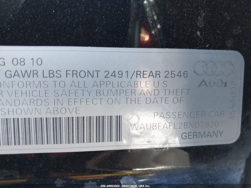 2011 AUDI A4 SEDAN 2.0L I-4 DI, DOHC, VVT, TURBO, 211HP