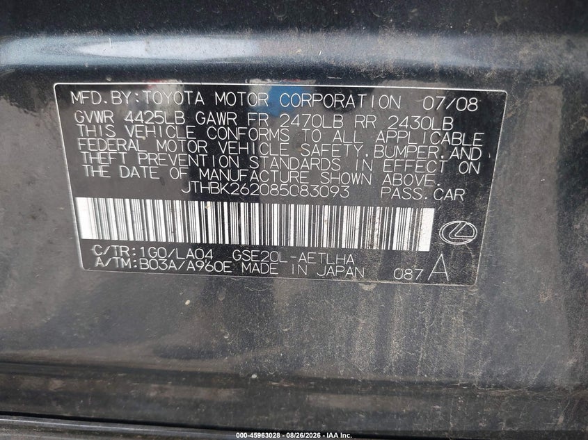 LEXUS IS 250 2008 VIN JTHBK262085083093