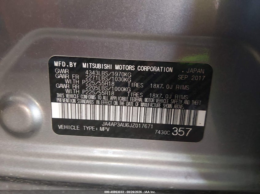 MITSUBISHI OUTLANDER SPORT 2018 VIN JA4AP3AU6JZ017671