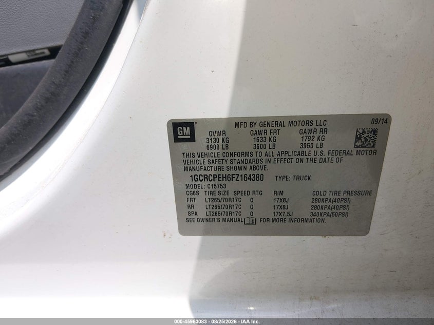 CHEVROLET SILVERADO 1500 2015 VIN 1GCRCPEH6FZ164380