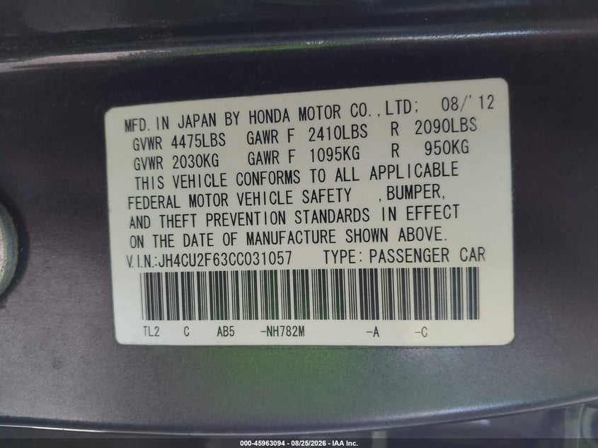 ACURA TSX 2012 VIN JH4CU2F63CC031057