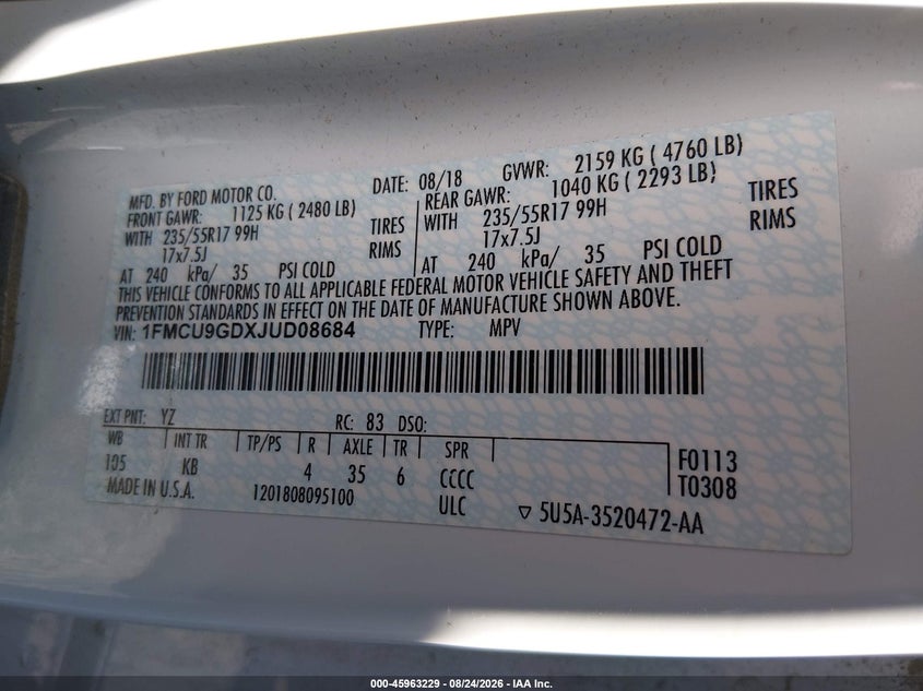 FORD ESCAPE 2018 VIN 1FMCU9GDXJUD08684