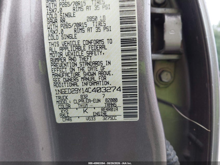 NISSAN FRONTIER 2004 VIN 1N6ED29Y14C403274