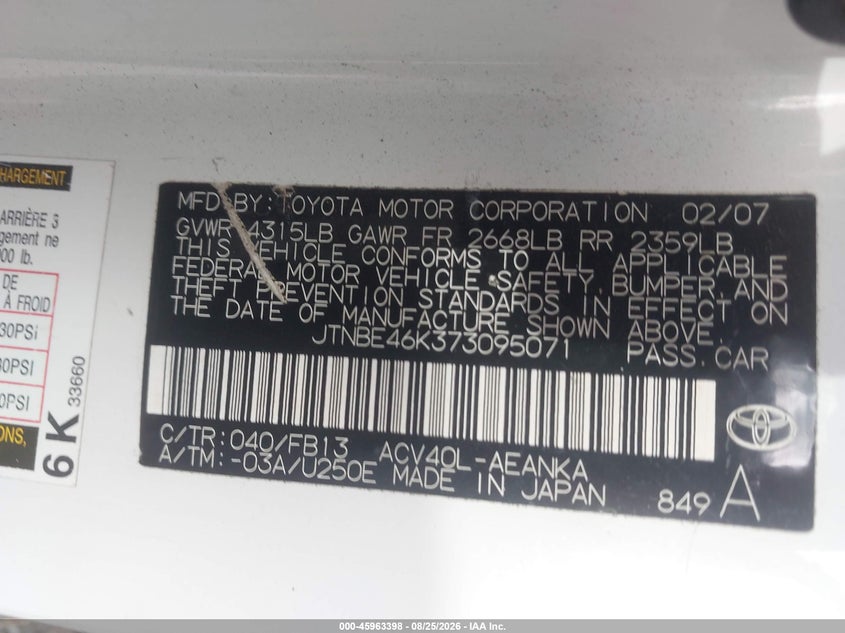 TOYOTA CAMRY 2007 VIN JTNBE46K373095071