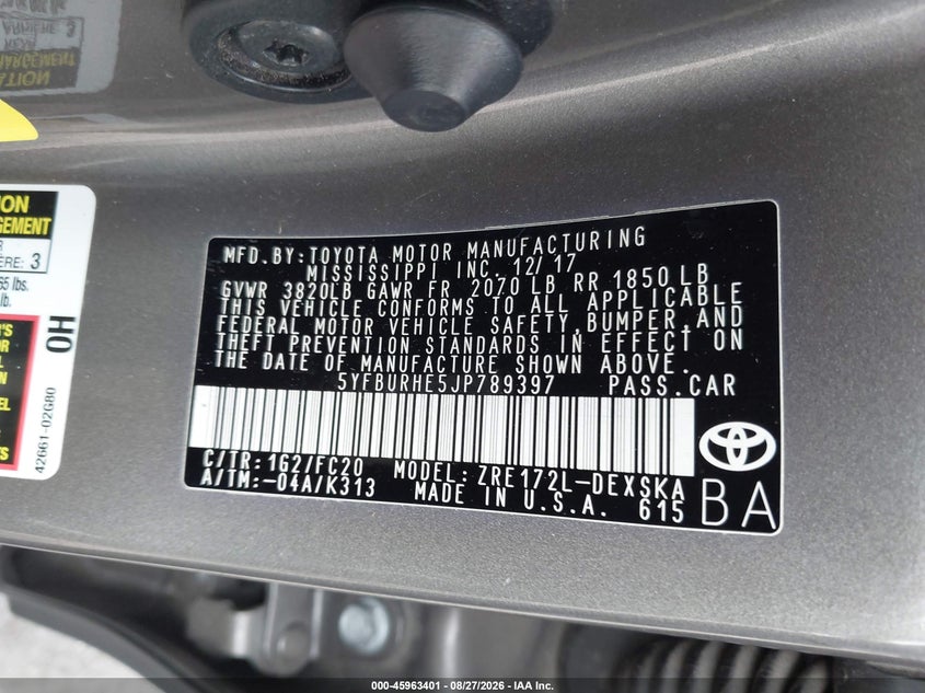 2018 TOYOTA COROLLA SEDAN 1.8L I-4 DOHC, VVT, 132HP