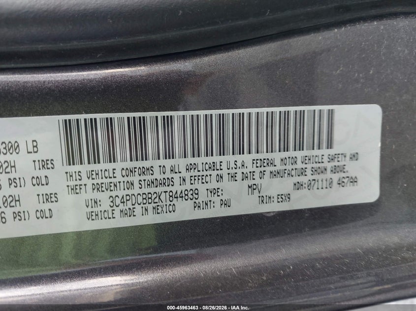 DODGE JOURNEY 2019 VIN 3C4PDCBB2KT844839