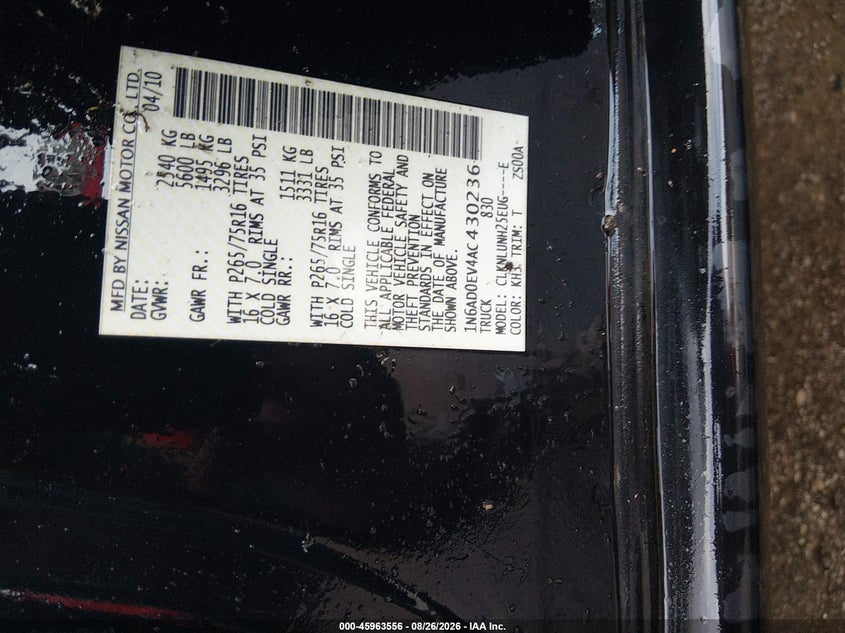 2010 NISSAN NAVARA (FRONTIER) PICKUP 4.0L V-6 DOHC, VVT, PREMIUM , 261HP