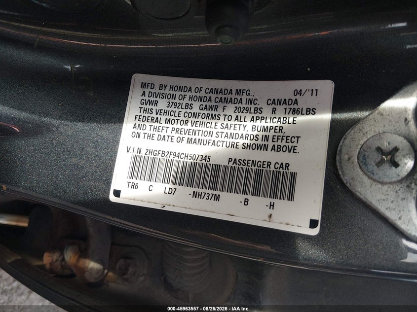 HONDA CIVIC 2012 VIN 2HGFB2F94CH507345