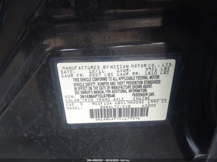 2012 NISSAN SENTRA SEDAN 2.0L I-4 DOHC, VVT, 140HP