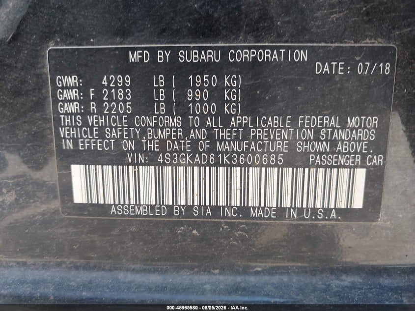 2019 SUBARU IMPREZA SEDAN 2.0L H-4 DI, DOHC, VVT, 152HP