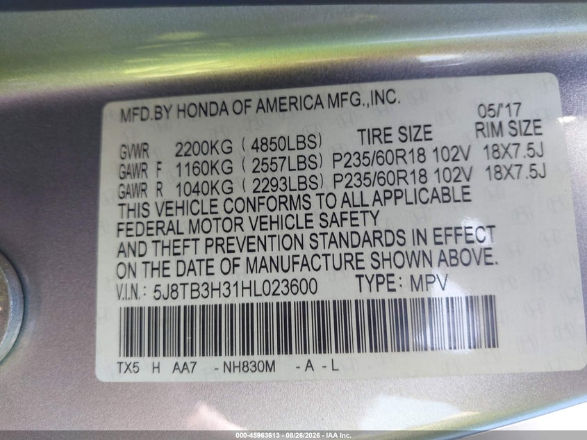 ACURA RDX 2017 VIN 5J8TB3H31HL023600