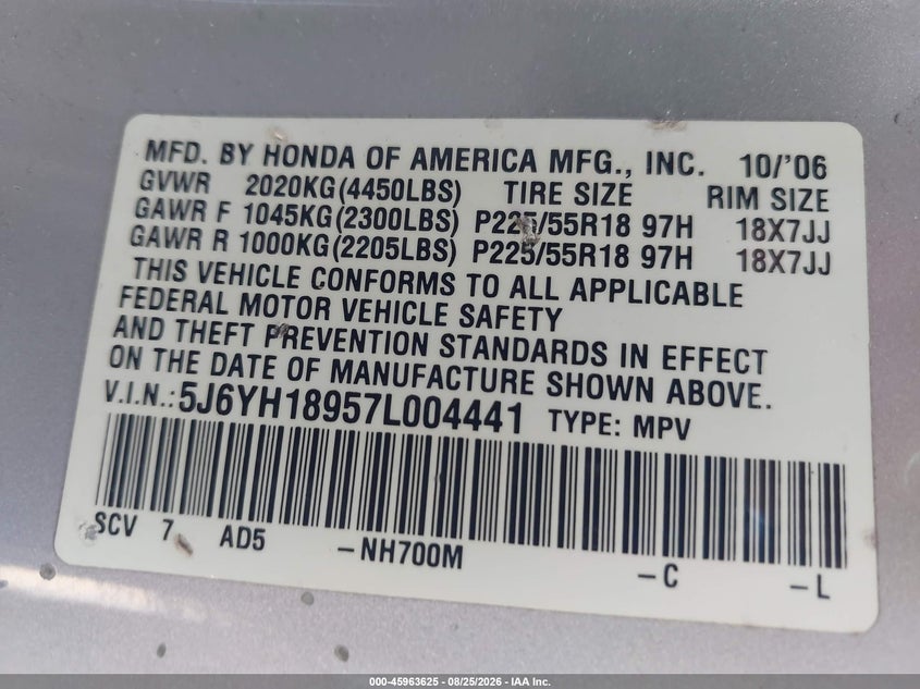 2007 HONDA ELEMENT SPORT UTILITY VEHICLE 2.4L I-4 DOHC, VVT, 166HP