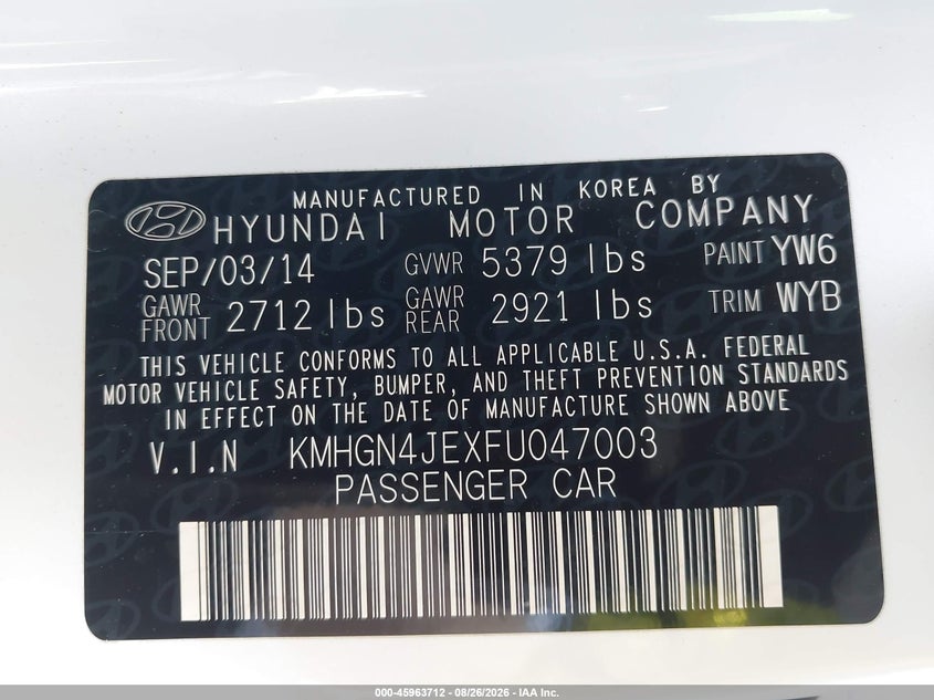 HYUNDAI GENESIS 2015 VIN KMHGN4JEXFU047003