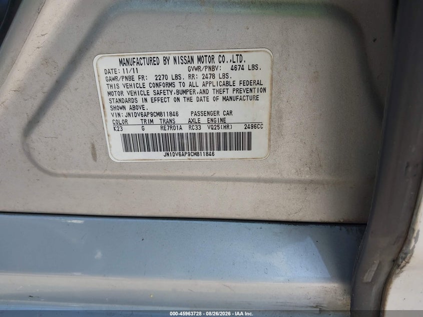 INFINITI G25 2012 VIN JN1DV6AP9CM811846