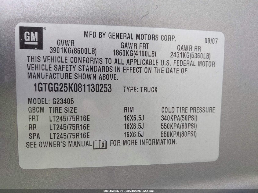 GMC SAVANA 2008 VIN 1GTGG25K081130253