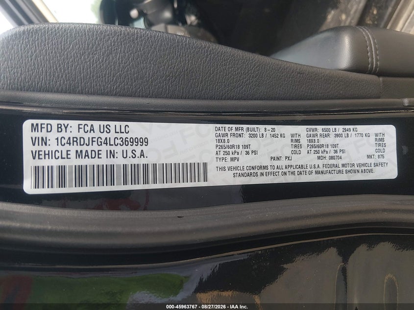 2020 DODGE DURANGO SPORT UTILITY VEHICLE 3.6L V-6 DOHC, VVT, 293HP