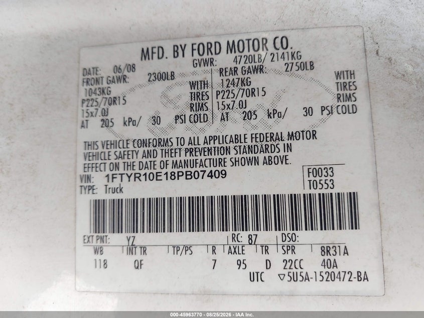 FORD RANGER 2008 VIN 1FTYR10E18PB07409