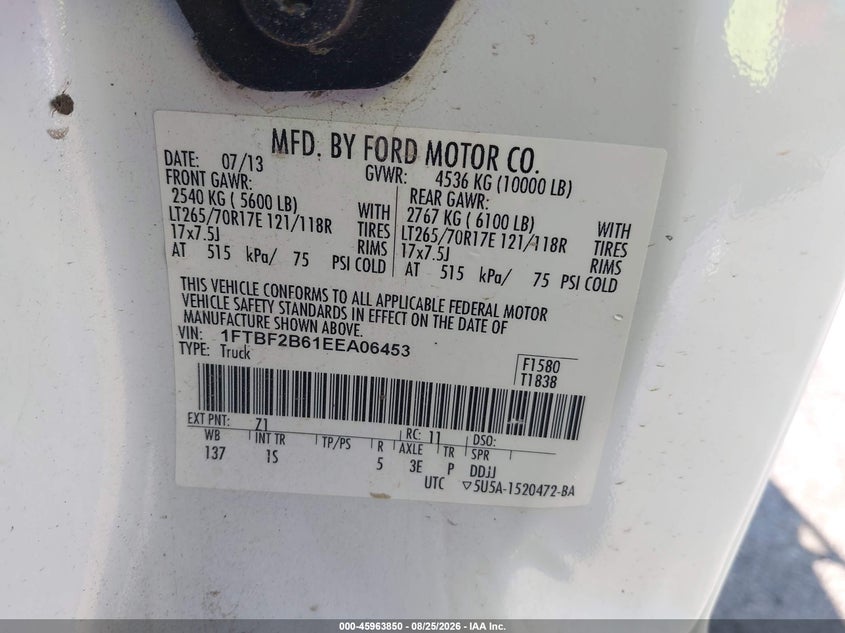 FORD F-250 2014 VIN 1FTBF2B61EEA06453