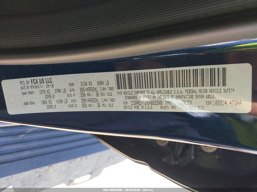 RAM 1500 2019 VIN 1C6RREHT2KN683308