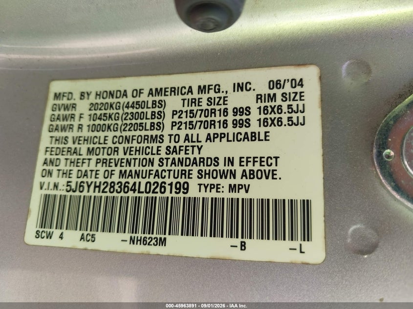 HONDA ELEMENT 2004 VIN 5J6YH28364L026199