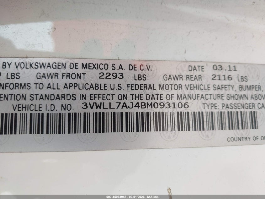 2011 VOLKSWAGEN JETTA SEDAN 2.0L I-4 XXXXXX, DOHC, TURBO, 140HP