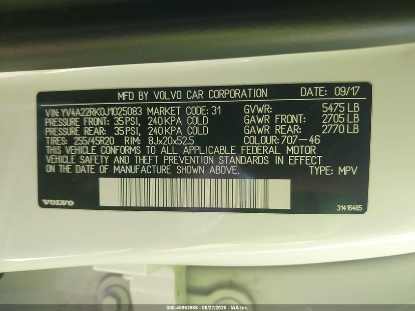 VOLVO XC60 2018 VIN YV4A22RK0J1025083