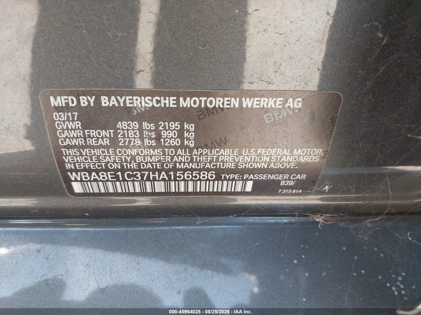 BMW 330E 2017 VIN WBA8E1C37HA156586