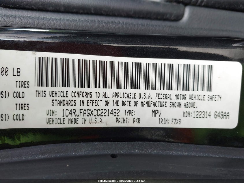 JEEP GRAND CHEROKEE 2012 VIN 1C4RJFAGXCC221482