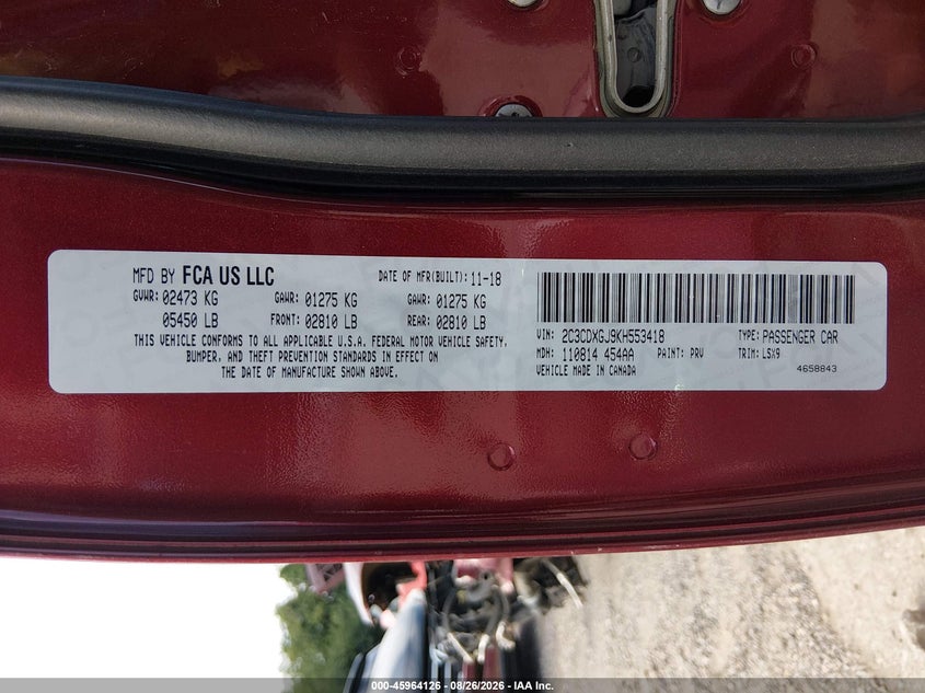 DODGE CHARGER 2019 VIN 2C3CDXGJ9KH553418