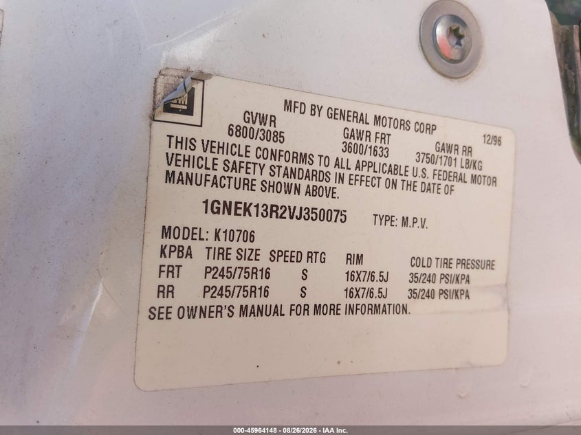 CHEVROLET TAHOE 1997 VIN 1GNEK13R2VJ350075
