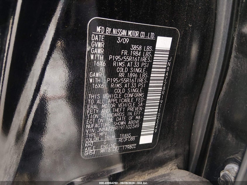 NISSAN CUBE 2009 VIN JN8AZ28R19T102349