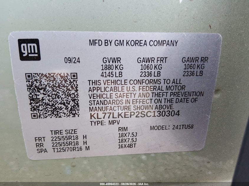 CHEVROLET TRAX 2025 VIN KL77LKEP2SC130304