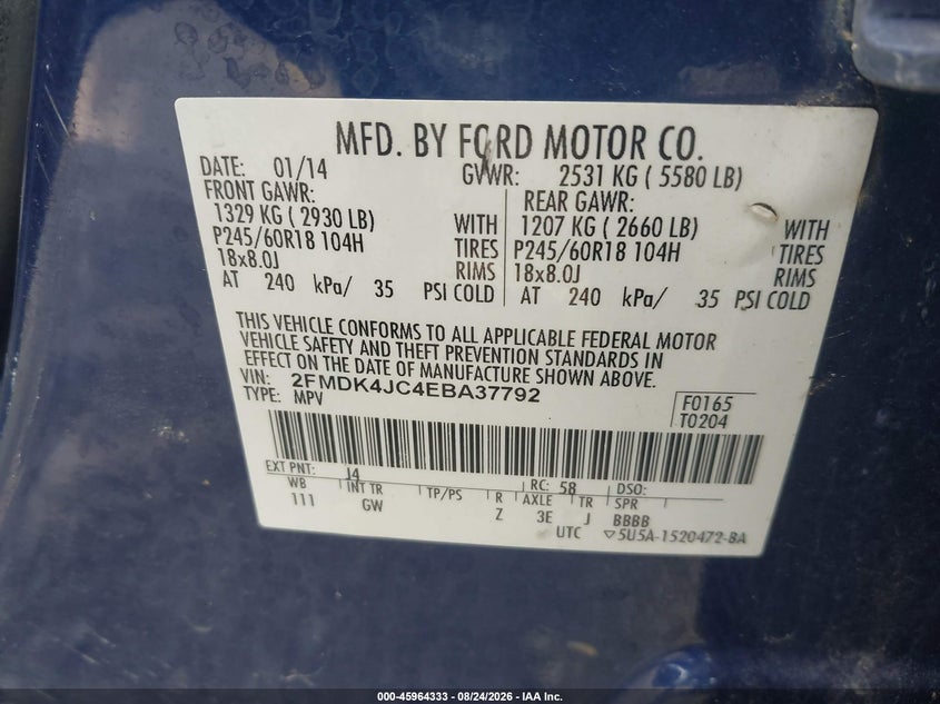 FORD EDGE 2014 VIN 2FMDK4JC4EBA37792