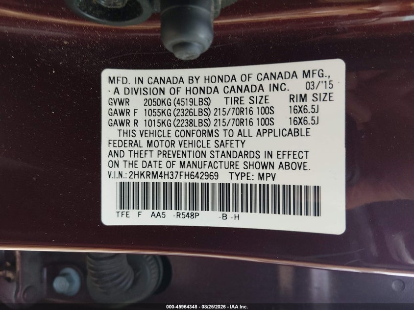 2015 HONDA CR-V SPORT UTILITY VEHICLE 2.4L I-4 DI, DOHC, VVT, REGULAR , 185HP