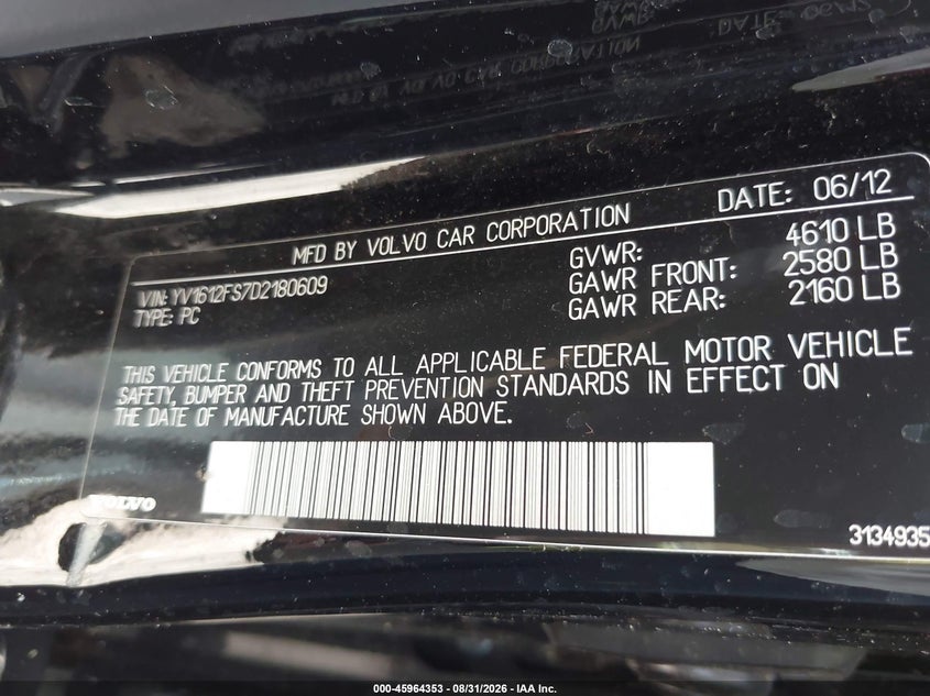 VOLVO S60 2013 VIN YV1612FS7D2180609