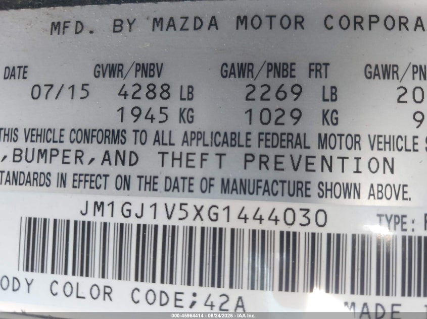 2016 MAZDA 6 SEDAN 2.5L I-4 DI, DOHC, VVT, 184HP