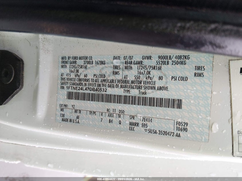 FORD E-250 2007 VIN 1FTNE24L47DB40532