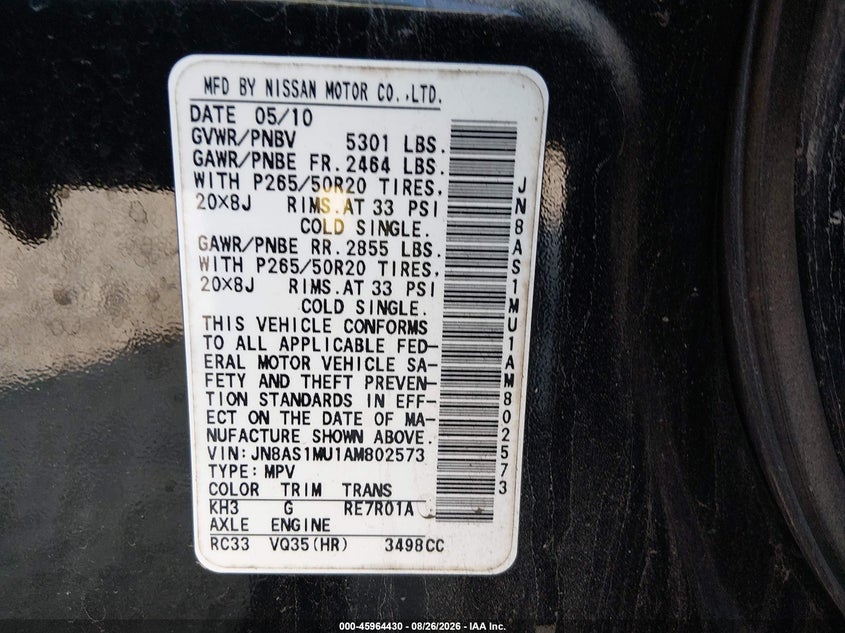 INFINITI FX35 2010 VIN JN8AS1MU1AM802573