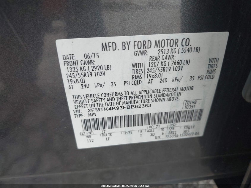 2015 FORD EDGE SPORT UTILITY VEHICLE 2.0L I-4 DI, DOHC, VVT, TURBO, PREMIUM , 245HP