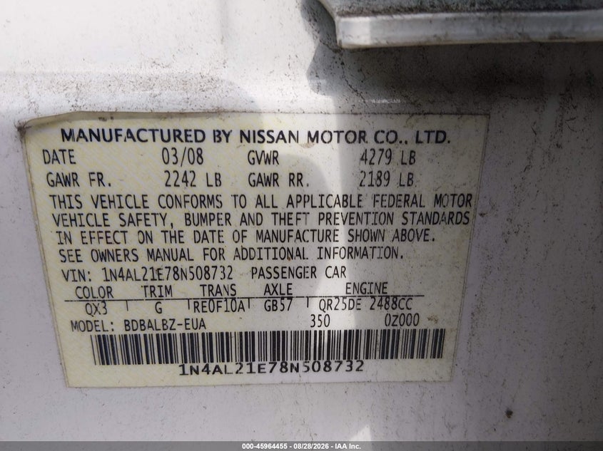 NISSAN ALTIMA 2008 VIN 1N4AL21E78N508732